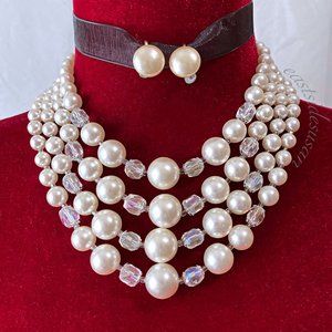 Incredible Set Vtg 50s Earrings + Multi Strand "PEARL" STATEMENT NECKLACE Japan